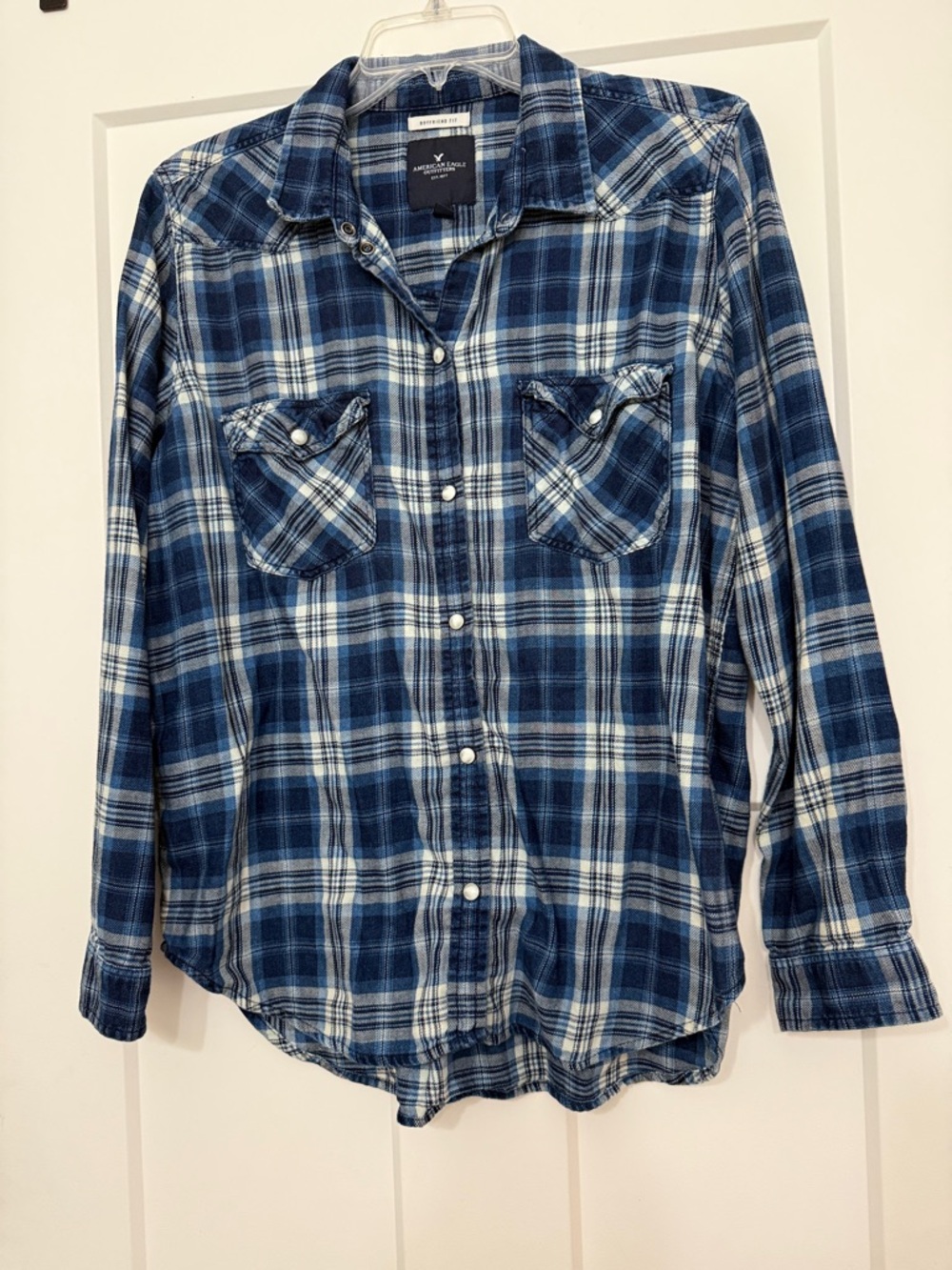 American Eagle Outfitters Navy and White Plaid Button-Down Shirt - Women